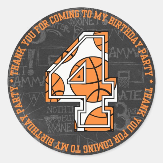Basketbal Chalkboard 4e Verjaardag Dank u Ronde Sticker (Voorkant)