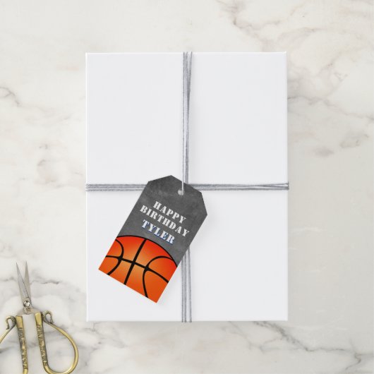 Basketbal Chalkboard Foto Verjaardag Cadeaulabel (Met Touw)