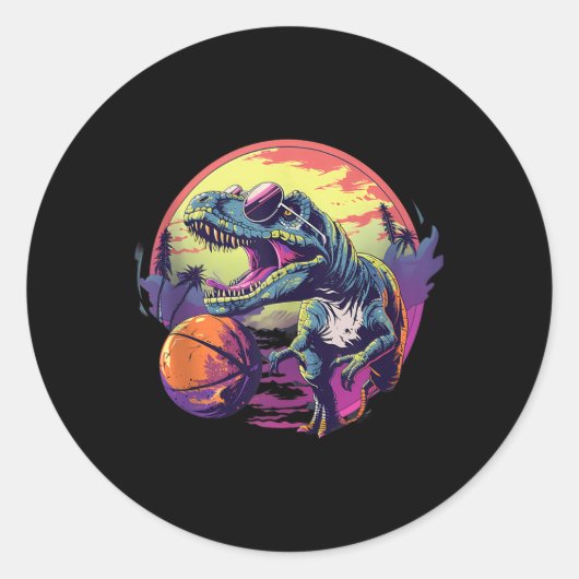 Basketbal Dino T-rex Tekening Basketbal Speler Na Ronde Sticker (Voorkant)