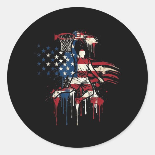 Basketbal Drip Amerikaanse Vlag 4 juli Ronde Sticker (Voorkant)