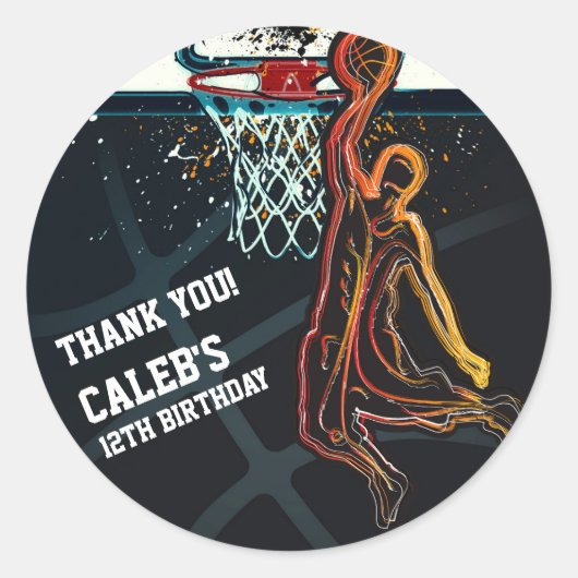Basketbal Dunk Jump Shot Verjaardagsfeestgunst Ronde Sticker (Voorkant)
