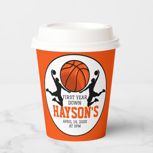 Basketbal eerste jaar down 1e verjaardag papieren bekers (Voorkant)
