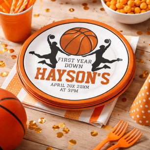 Basketbal Eerste Jaar Down 1e Verjaardag Papieren Bordje