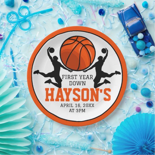 Basketbal eerste jaar down 1e verjaardag papieren bordje (Feest)