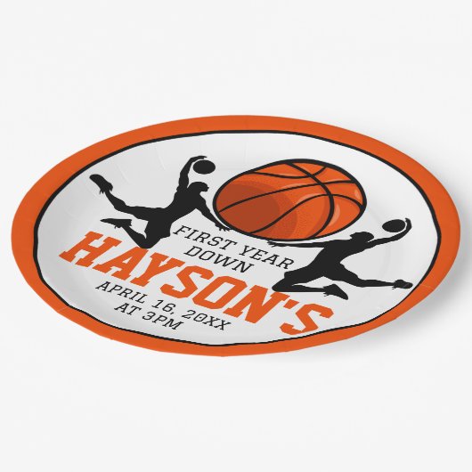 Basketbal eerste jaar down 1e verjaardag papieren bordje (Gekanteld)