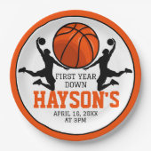 Basketbal eerste jaar down 1e verjaardag papieren bordje (Voorkant)