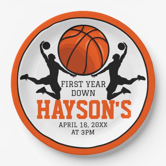 Basketbal eerste jaar down 1e verjaardag papieren bordje (Voorkant)