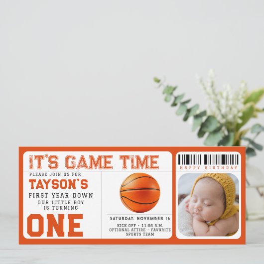 Basketbal eerste jaar down 1e verjaardag ticket kaart (Staand voorkant)