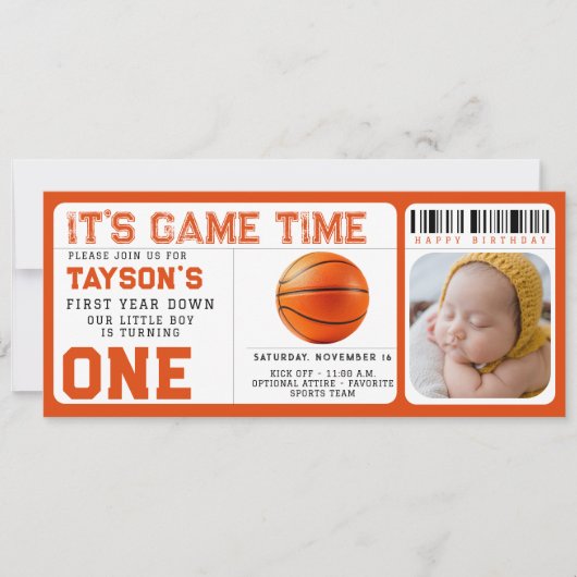 Basketbal eerste jaar down 1e verjaardag ticket kaart (Voorkant)