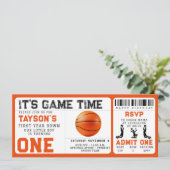 Basketbal eerste jaar down 1e verjaardag ticket kaart (Staand voorkant)