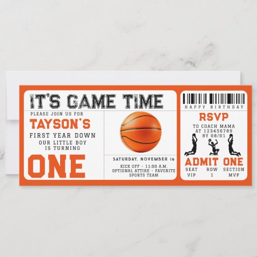 Basketbal eerste jaar down 1e verjaardag ticket kaart (Voorkant)