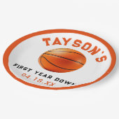 Basketbal eerste jaar naar beneden 1e verjaardag papieren bordje (Gekanteld)