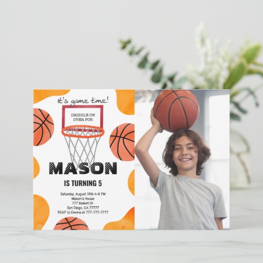 basketbal foto uitnodiging (Staand voorkant)