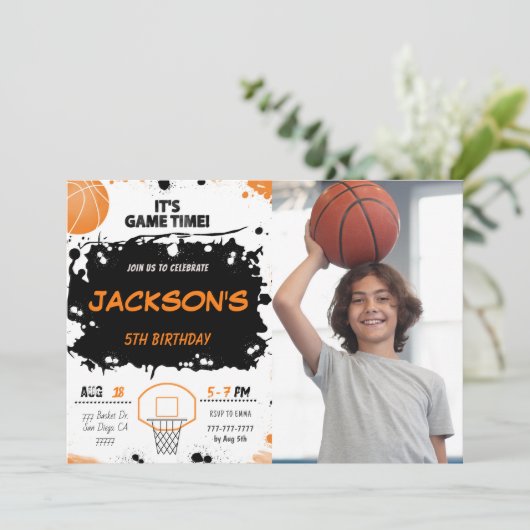 basketbal foto uitnodiging (Staand voorkant)