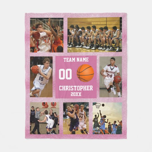 Basketbal fotocollage Pink Glitter Fleece Deken (Voorkant)