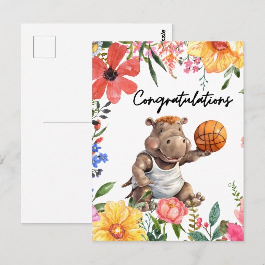 Basketbal gefeliciteerd met Hippo Briefkaart (Voorkant / Achterkant)