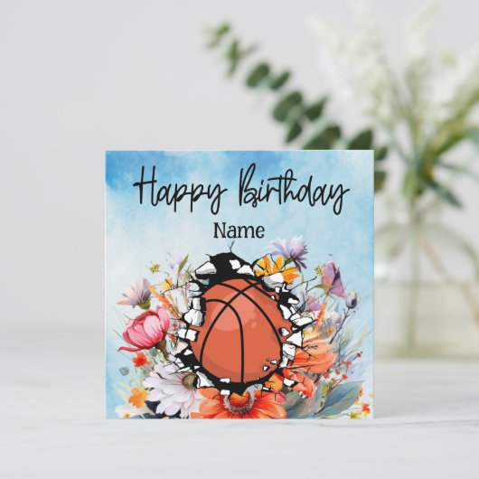 Basketbal Gelukkige Verjaardag aan Speler met bloe Kaart (Staand voorkant)