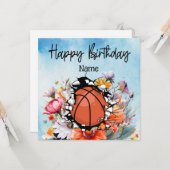 Basketbal Gelukkige Verjaardag aan Speler met bloe Kaart (Voorkant / Achterkant in situ)