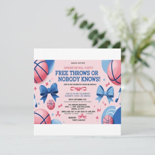 Basketbal Gender Reveal Uitnodiging | vrije worpen (Staand voorkant)