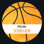 Basketbal gepersonaliseerd van sport thema partij ronde sticker<br><div class="desc">Basketbal gepersonaliseerd van sport thema partij Stickers. Bevestig deze basketbal stickers met een sportthema aan goody bags van je verjaardagsfeestje met een sportthema. Gepersonaliseerd met de naam van het verjaardagskind in oranje lettertype. Ronde sticker is een waterverf sinaasappel met een uitstraling en zwarte lijnen. Tekst leest "van". Sport thema cadeau...</div>