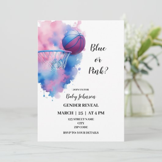 Basketbal geslacht onthullen uitnodiging (Staand voorkant)