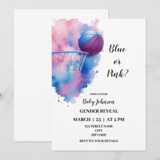 Basketbal geslacht onthullen uitnodiging (Voorkant / Achterkant)