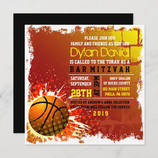 BASKETBAL GRUNGE Bar Mitswa Uitnodiging (Voorkant / Achterkant)