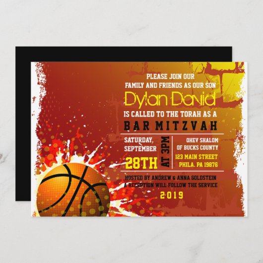 BASKETBAL GRUNGE Bar Mitswa Uitnodiging (Voorkant / Achterkant)