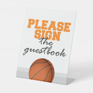 Basketbal guestbook verjaardag of bruisparty reclamebord met voetstuk