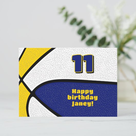 Basketbal Happy Birthday Blauw Goud Team Kleuren Kaart (Staand voorkant)