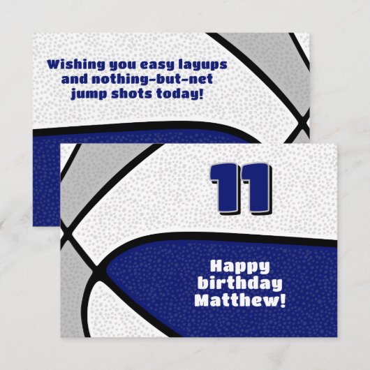 Basketbal Happy Birthday Blauw Grijs Team Kleuren Kaart (Voorkant / Achterkant)