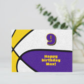 Basketbal Happy Birthday paarse gouden teamkleuren Kaart (Staand voorkant)