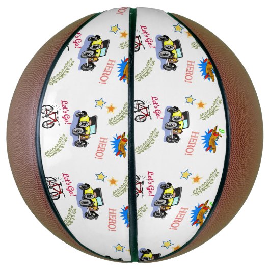 Basketbal held fiets auto vliegtuig (Verticaal)