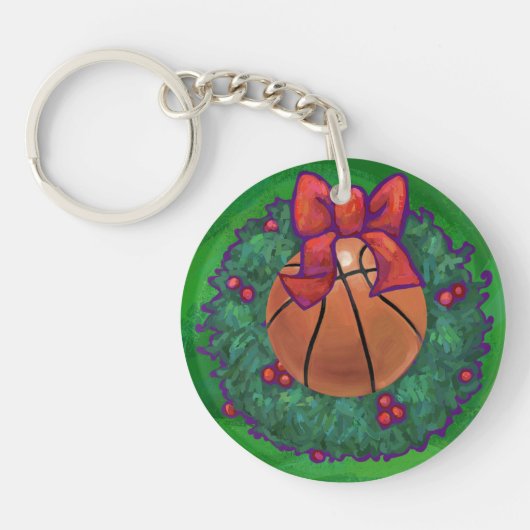 Basketbal in Kerstkrans Sleutelhanger (Voorkant)