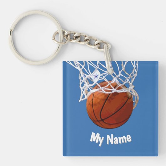 Basketbal Jouw Naam Aangepaste Staalblauwe Achterg Sleutelhanger (voorkant)