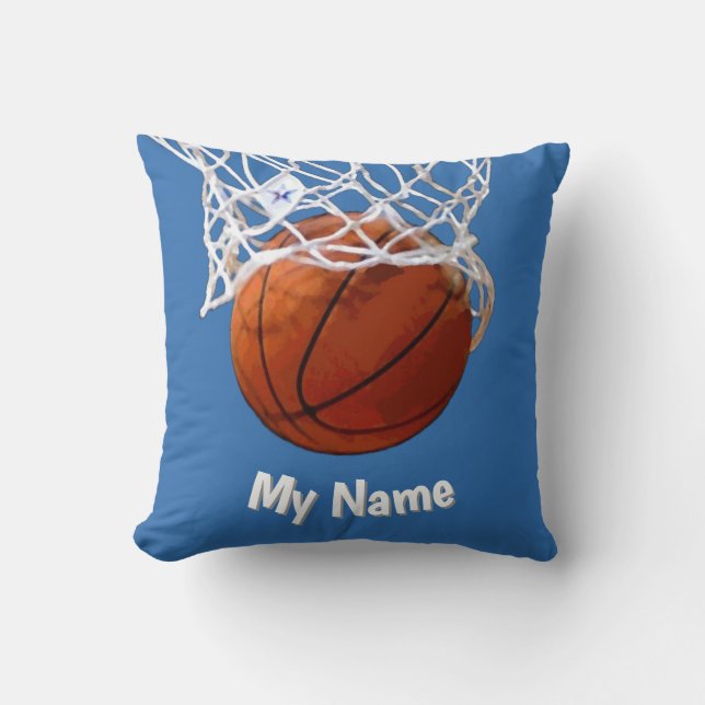 Basketbal Jouw Naam Aangepaste Stalen Blauwe Achte Kussen (Voorkant)