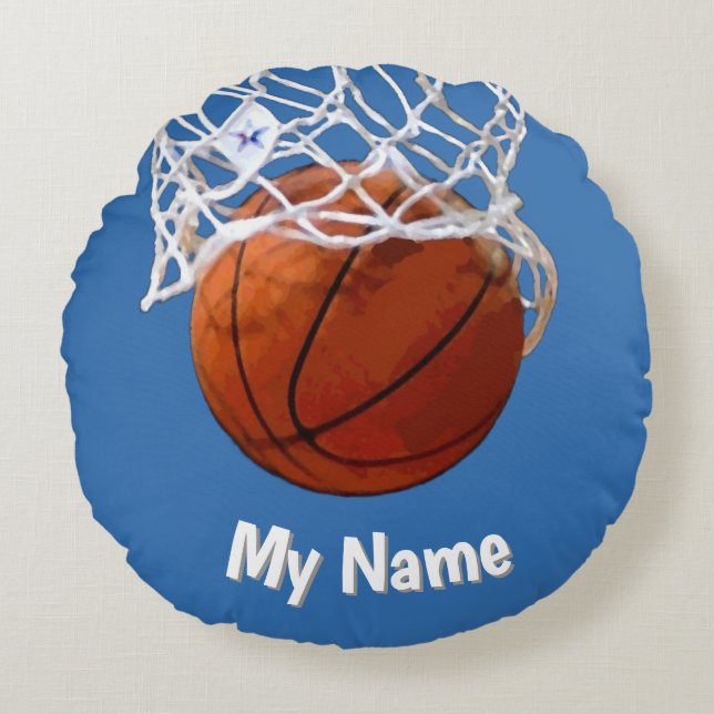 Basketbal Jouw Naam Aangepaste Stalen Blauwe Achte Rond Kussen (Voorkant)