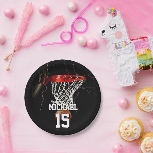 Basketbal Jouw naam en nummer toevoegen Papieren Bordje (Feest)