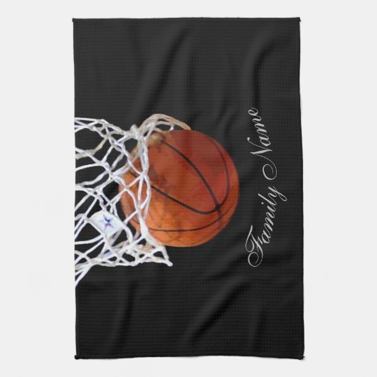 Basketbal Jouw naam Kalligrafie Script Theedoek (Verticaal)