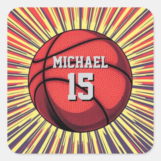 Basketbal Jouw naam Pop Art Vierkante Sticker (Voorkant)