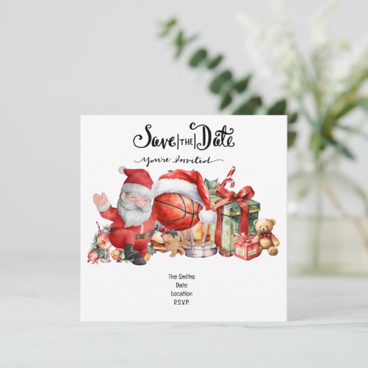 Basketbal kerstfeest met de Kerstman Save The Date (Staand voorkant)