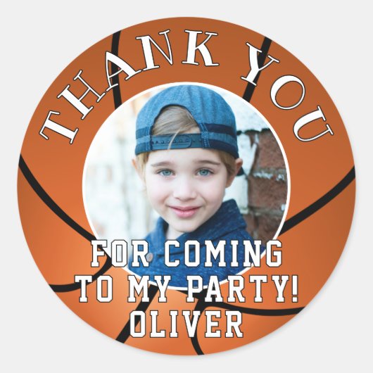 Basketbal Kinder Foto Verjaardag Dank u Ronde Sticker (Voorkant)