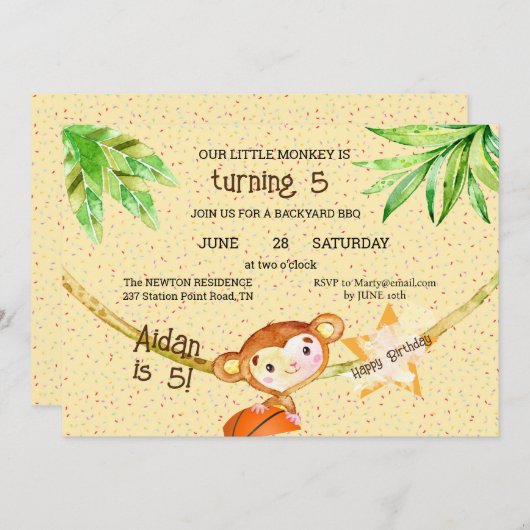 Basketbal Kleine Aap Draaien 5 Verjaardagsfeest Kaart (Voorkant / Achterkant)