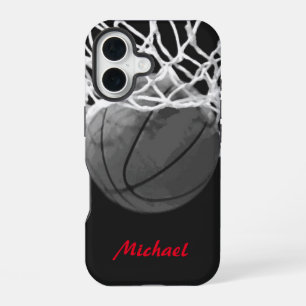 Basketbal Kunstwerk Uw Naam Zwart Wit Rood iPhone 16 Hoesje