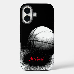 Basketbal Kunstwerk Uw Naam Zwart Wit Rood iPhone 16 Hoesje