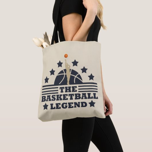Basketbal legende speler blauw en sinaasappel bal tote bag (Dichtbij)