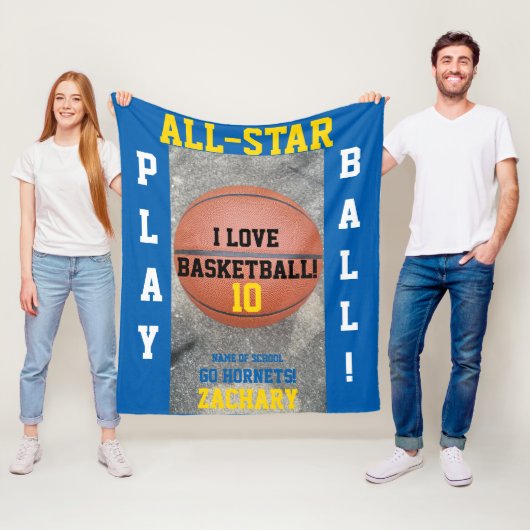Basketbal Medium Blauw Team Speler Naam Fleece Deken (In situ)