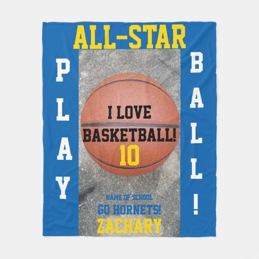 Basketbal Medium Blauw Team Speler Naam Fleece Deken (Voorkant)