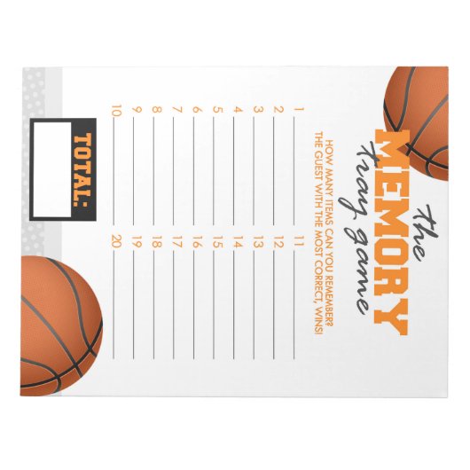 Basketbal Memory Tray Baby shower Game Pack Notitieblok (Voorkant)