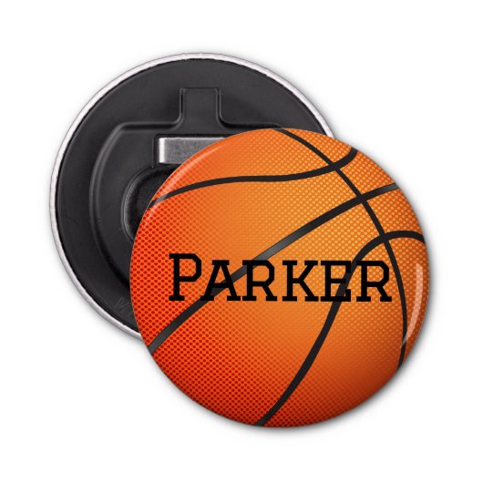Basketbal met aangepaste naam button flesopener (Voorkant)